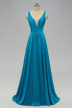 Vestido de dama de honor azul imperio con abertura lateral SCB48