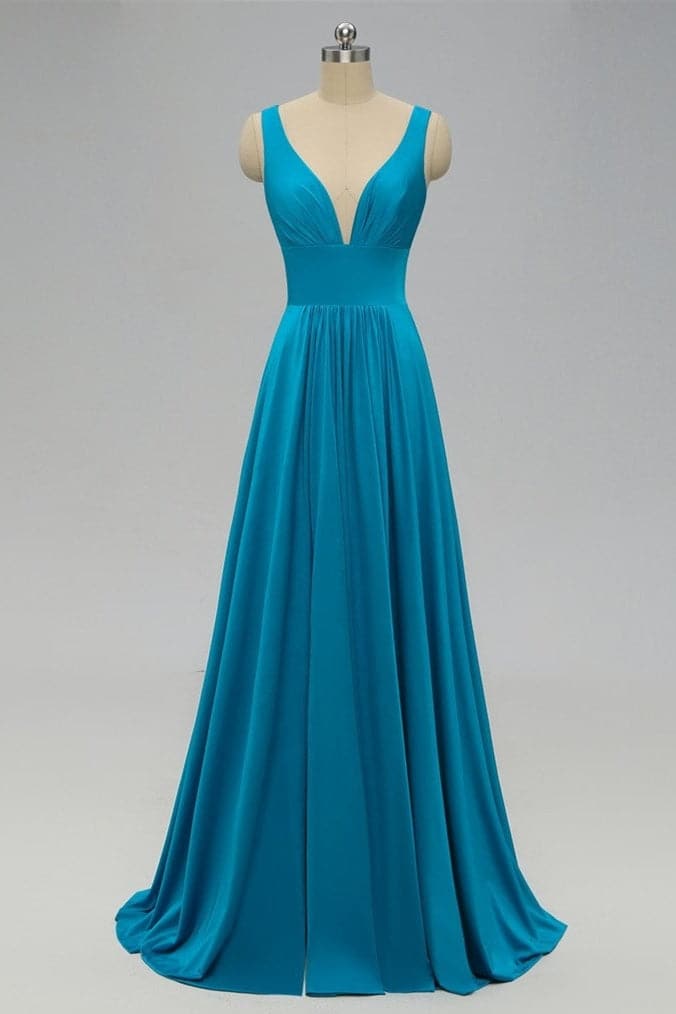 Vestido de dama de honor azul imperio con abertura lateral SCB48