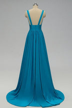 Vestido de dama de honor azul imperio con abertura lateral SCB48