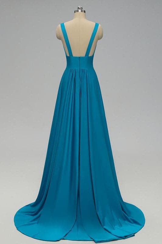 Vestido de dama de honor azul imperio con abertura lateral SCB48