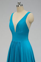 Vestido de dama de honor azul imperio con abertura lateral SCB48