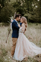 V Neck Long Sleeve Wedding Dress Rustic Wedding Gown WD725