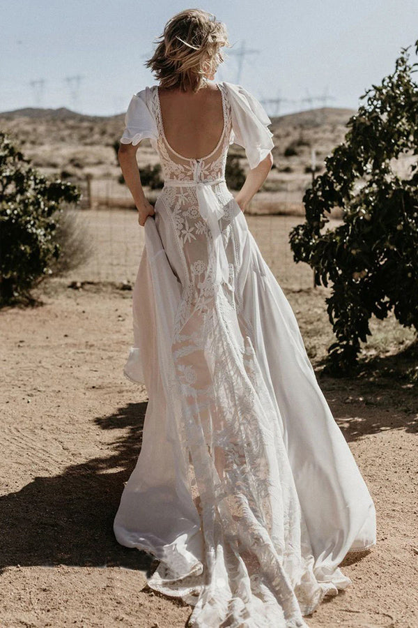 V Neckline Backless Lace Chiffon Bohemian Wedding Dress WD734