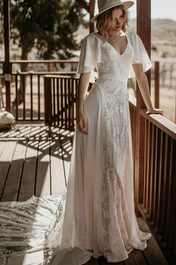 V Neckline Backless Lace Chiffon Bohemian Wedding Dress WD734