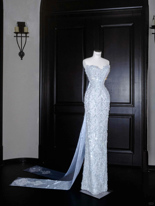 Glamuroso vestido de fiesta largo azul sin tirantes, con lentejuelas y cuentas, vestido de noche Y8654