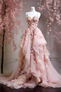 Süßes Rosa Chiffon Tüll Applikationen Ballkleid Spaghettiträger Langes Abendkleid Y8327