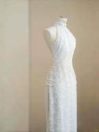 Vestido de noche largo con lentejuelas blancas, perlas y cadena, elegante, estilo vaina, para fiesta y noche, Y8670