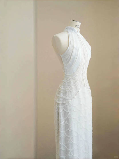 Vestido de noche largo con lentejuelas blancas, perlas y cadena, elegante, estilo vaina, para fiesta y noche, Y8670