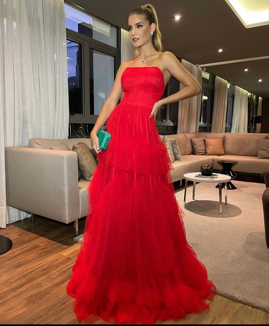 Rotes trägerloses Tüll-Ballkleid, rotes langes Abendkleid Y2354