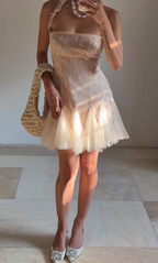 Vestido corto de fiesta con cuello halter, encaje y tul, Y8502
