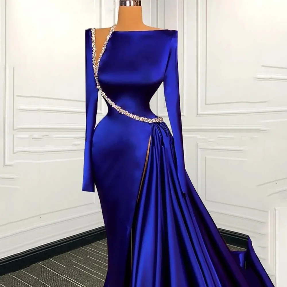 Elegantes vestidos de noche azul real modestos Y4193