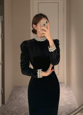 Vintage Schwarzes Abendkleid mit langen Ärmeln Schwarzes Abendkleid Y5695