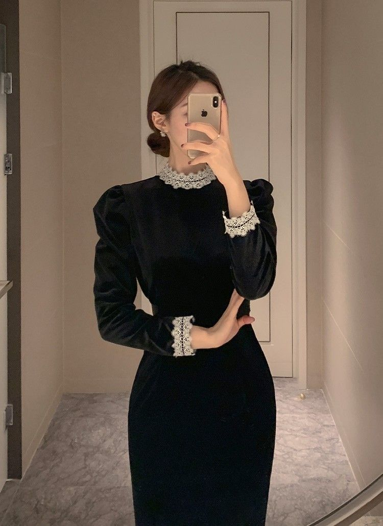 Vintage Schwarzes Abendkleid mit langen Ärmeln Schwarzes Abendkleid Y5695