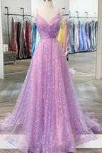 Glänzendes, rückenfreies, langes, lila Ballkleid mit V-Ausschnitt, rückenfreies, lila Abendkleid für den Abschluss Y917