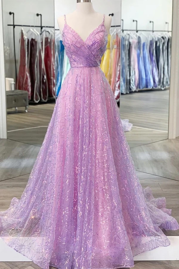 Glänzendes, rückenfreies, langes, lila Ballkleid mit V-Ausschnitt, rückenfreies, lila Abendkleid für den Abschluss Y917