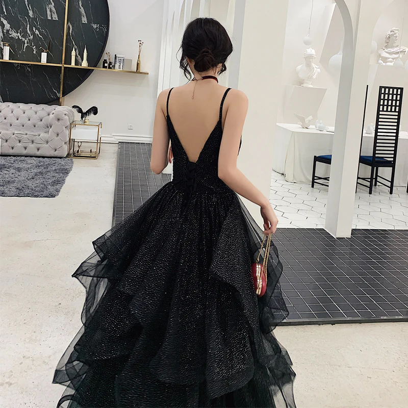 Schwarzes Tüll Pailletten Ballkleid Abendkleid Y1021