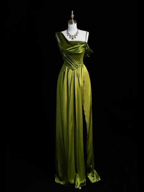 Elegantes One-Shoulder-Abendkleid in Grün mit Schlitz Y8218