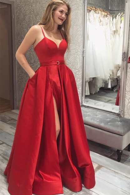 Schlichtes langes Ballkleid aus rotem Satin mit V-Ausschnitt und hohem Schlitz, formelles rotes Abendkleid mit V-Ausschnitt Y220
