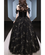 Vestido de noche negro con hombros descubiertos y lentejuelas de tul brillante Y8034