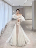 Beliebte Meerjungfrau Spitze Brautkleider, Blase Ärmel Neueste Brautkleider, Elegante Brautkleider Y4484