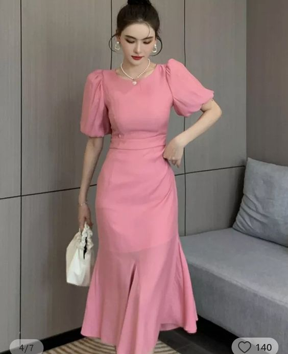 Vestido de fiesta rosa elegante con mangas abullonadas y largo medio, vestido de noche rosa Y7113