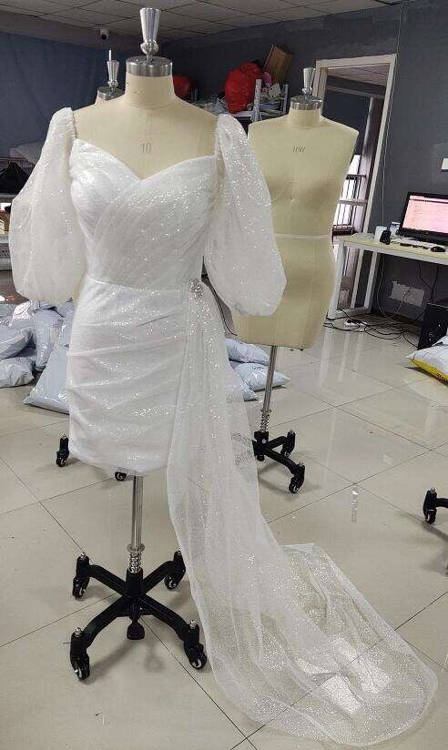 Kurzes Brautkleid mit Puffärmeln, Herzausschnitt, funkelnde moderne Brautjungfernkleider für Party-Outfits, Kleid Y1208