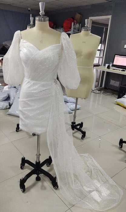 Short Puff Sleeve Wedding Dress Sweetheart Sparkly Modern Bridesmaid Dresses for Party Outfit Dress Y1208