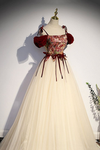 Champagner Tüll Spaghettiträger Langes Ballkleid A-Linie Party Ballkleid Y7952