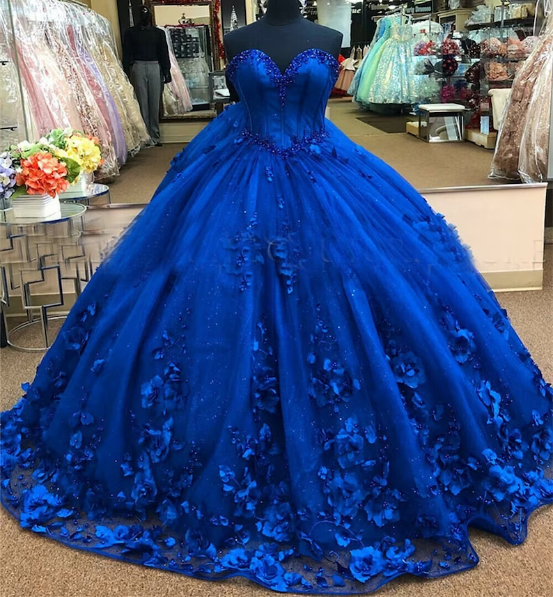 Vestido de princesa azul rey, vestido de quinceañera azul rey con flores 3D, impresionante vestido de baile Y281