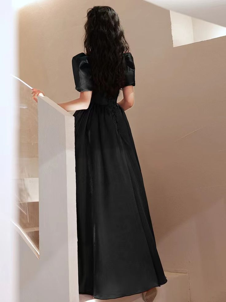 Vestido de noche negro de nuevo estilo, vestido de fiesta de satén, vestido de princesa para cumpleaños, hecho a medida Y4953