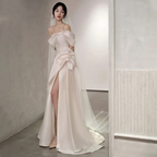 Schulterfreies Satin-Brautkleid, weißes Meerjungfrau-Brautkleid, langes Brautkleid mit Schlitz, Y7336