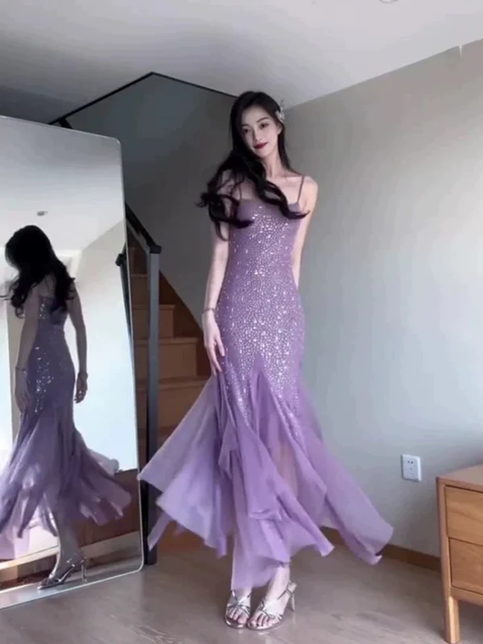 Sexy Meerjungfrau Spaghettiträger Lila Chiffon Perlen Abendkleid Ballkleid Y7812
