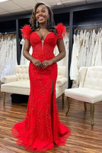 Rotes Meerjungfrau-Ballkleid aus Spitze mit Schlitz, rotes Abendkleid Y5721
