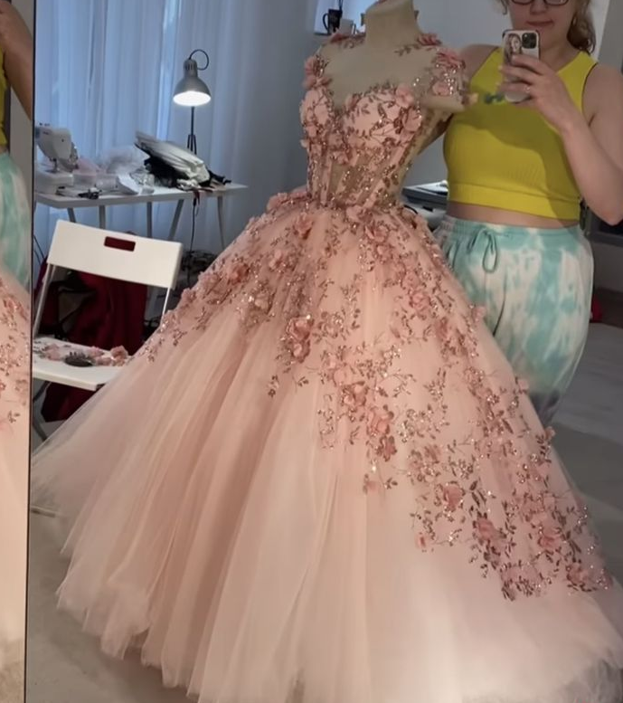 Vestido de fiesta con apliques de flores rosa ruborizado, vestidos de fiesta de tul de corte A, vestidos de quinceañera Y388