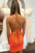 Vestido corto de fiesta con lentejuelas, cordones y abertura Y2947