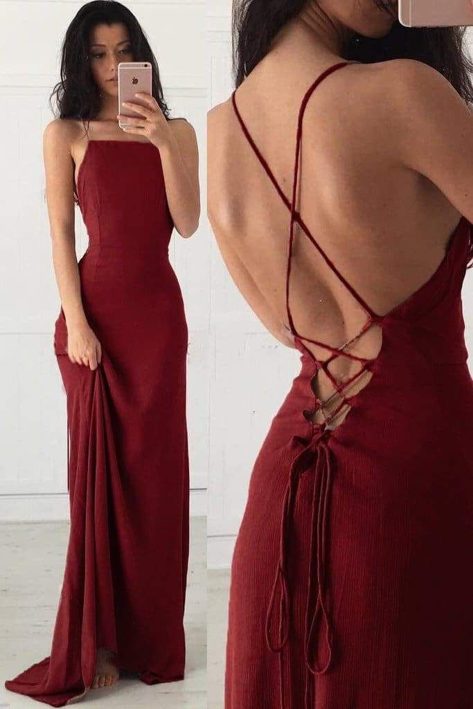 Sexy Spaghettiträger Burgunderrotes Ballkleid Rückenfreies Abendkleid Y7769