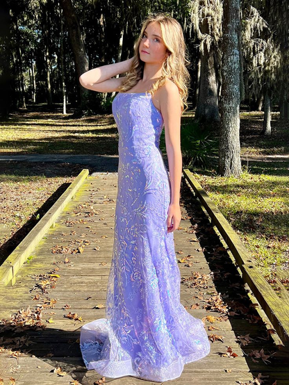 Vestido de noche largo con escote sirena, tirantes finos, encaje lila y lentejuelas, Y8235