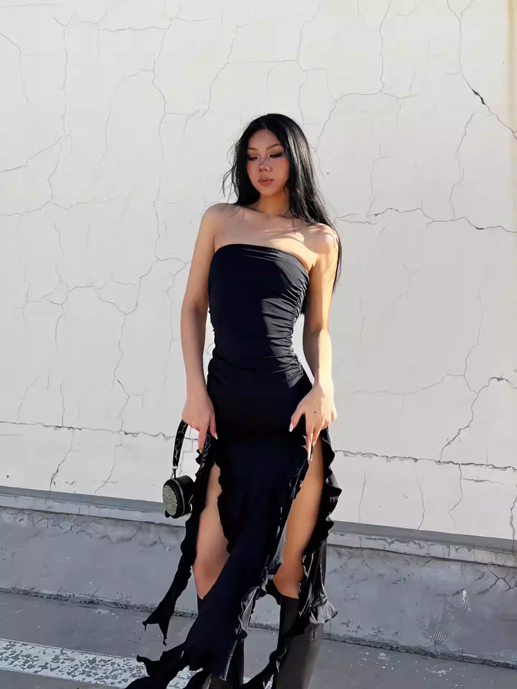 Elegante vestido de fiesta negro sin tirantes, vestido de noche negro Y1929