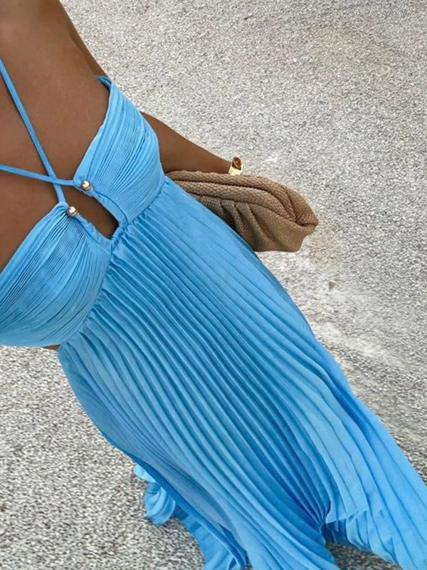 Vestido de fiesta azul sexy con tirantes finos, corte A, largo, sin espalda, Y8090
