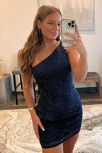 Vestido de fiesta ajustado azul marino oscuro de un solo hombro con cuentas Y2843