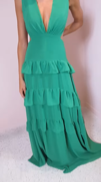 Smaragdgrünes Abendkleid mit tiefem V-Ausschnitt und Rüschen, rückenfrei, langes Ballkleid Y8386