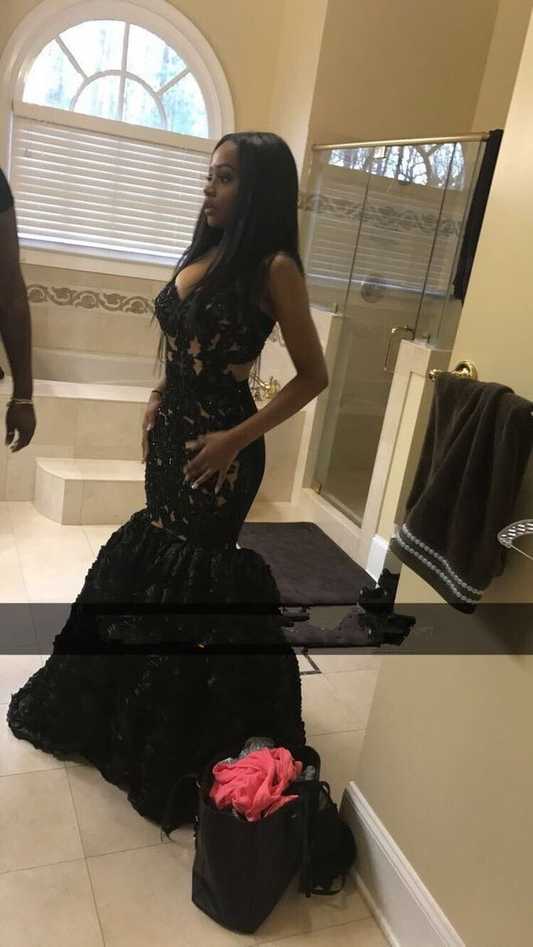 Sexy Schwarzes Ärmelloses Meerjungfrau Abendkleid, Schwarzes Mädchen Ballkleid Y1656