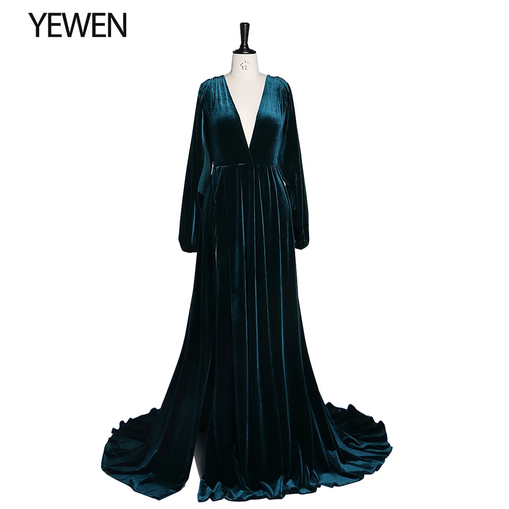 Velvet V Neck Long Sleeves Maternity Dress for Photo Shoot with Stretch Waist Side Slit Photography Props Maternity Gowns Sunnderly