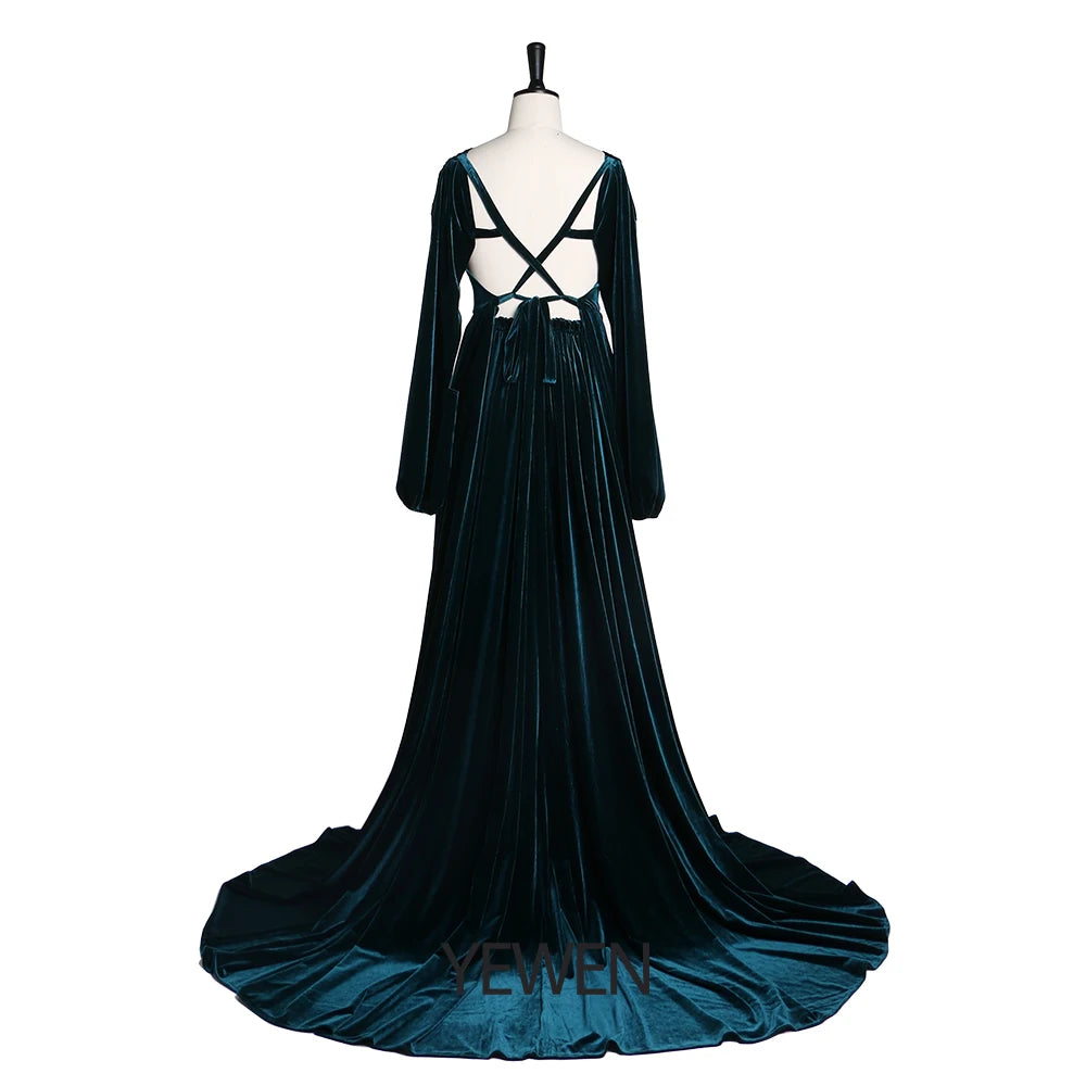 Velvet V Neck Long Sleeves Maternity Dress for Photo Shoot with Stretch Waist Side Slit Photography Props Maternity Gowns Sunnderly