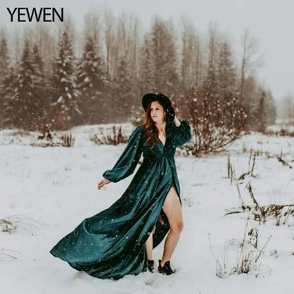 Velvet V Neck Long Sleeves Maternity Dress for Photo Shoot with Stretch Waist Side Slit Photography Props Maternity Gowns Sunnderly