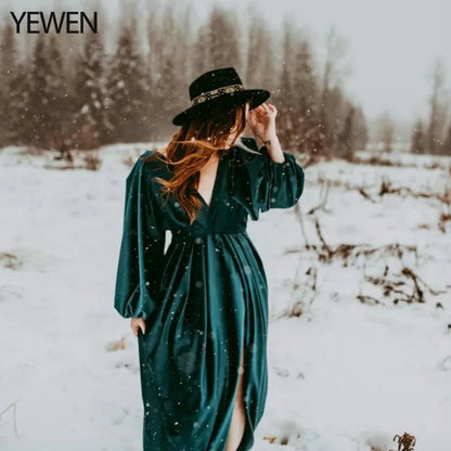 Velvet V Neck Long Sleeves Maternity Dress for Photo Shoot with Stretch Waist Side Slit Photography Props Maternity Gowns Sunnderly