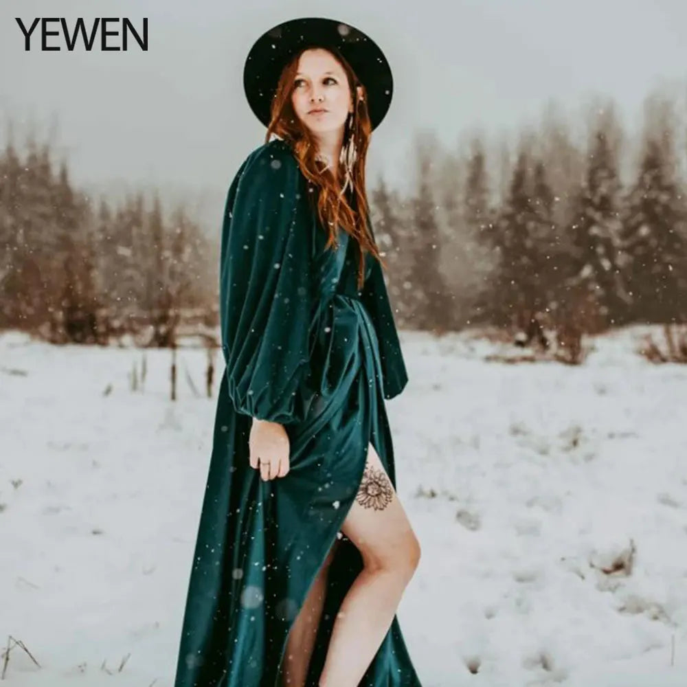 Velvet V Neck Long Sleeves Maternity Dress for Photo Shoot with Stretch Waist Side Slit Photography Props Maternity Gowns Sunnderly