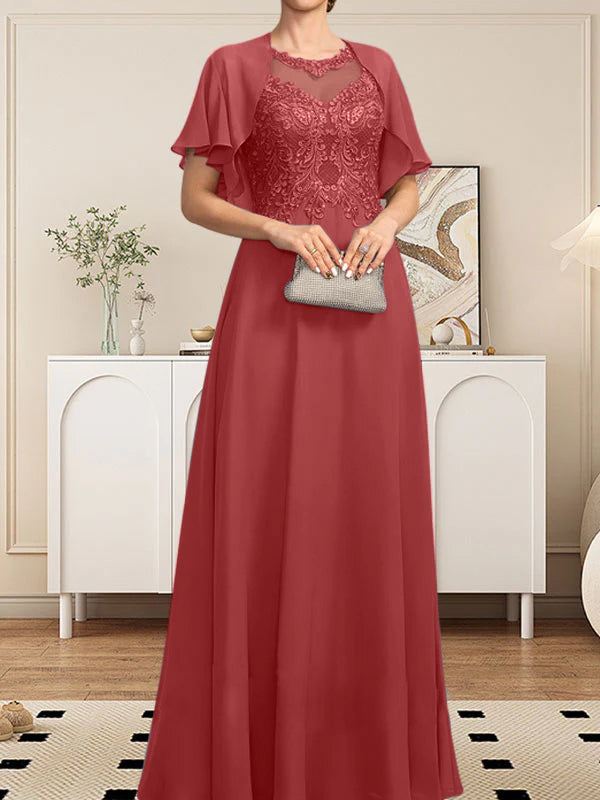 Vestido de gasa con encaje y lentejuelas para madre de la novia, corte A, escote ilusión, largo hasta el suelo