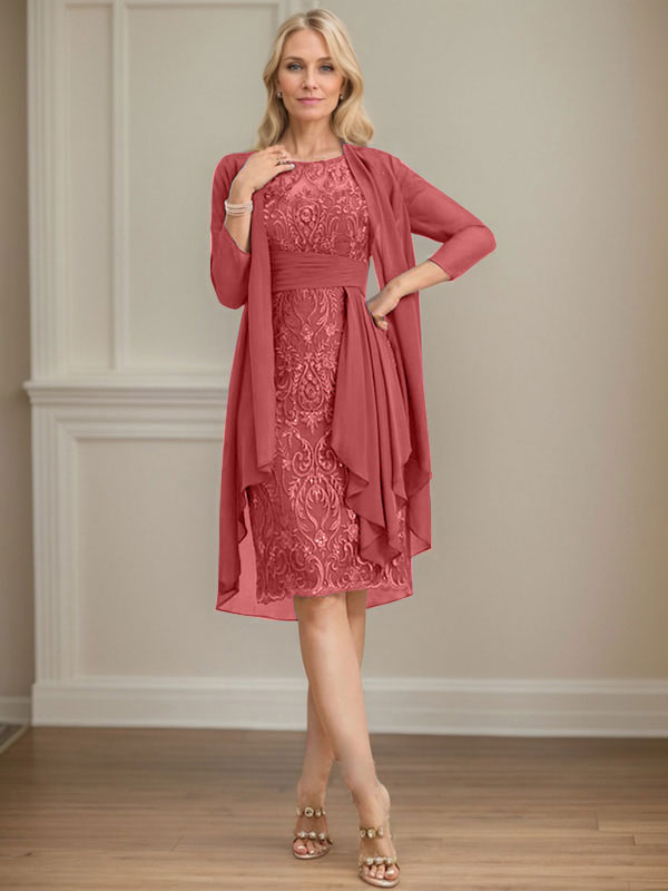 Vestido de madre de la novia de gasa con encaje, escote redondo, ilusión, largo hasta la rodilla, con volantes en cascada y lentejuelas