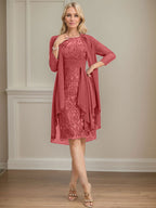 Vestido de madre de la novia de gasa con encaje, escote redondo, ilusión, largo hasta la rodilla, con volantes en cascada y lentejuelas